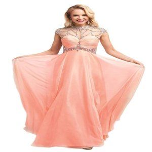 Cinderella Divine - 7959 Sheer Embellished Ruched High Neck Evening Dress- Peach